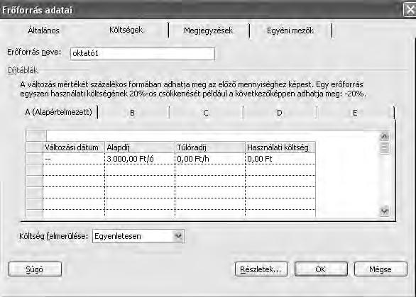 Azt is megismertük, hogy egy erőforráshoz többféle díjtáblát (A-tól E-ig) adhatunk meg az erőforrás adatai lapon. 159.