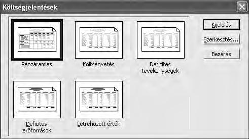 ábra Fix költség megjelenítése, megadása A program ötféle alapértelmezett költségjelentést tartalmaz, amelyeket a Nézet menü/jelentések/költségekre kattintva érhetünk el (a 2007-es verzióban Jelentés