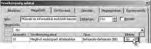 A következő tevékenységek esetén ugyanígy járjunk el: Az irodák berendezése a bútorok leszállítása után kezdődjön. A meglévő eszközpark áttelepítése az irodák berendezése után indulhat.