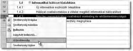 Ilyen esetekben is használhatjuk azt a módszert, hogy a Tevékenységlista Megelőzők mezőjébe közvetlenül begépeljük a kapcsolat jellemzőit megelőző sorszáma, kapcsolat típusa, eltérés sorrendben.