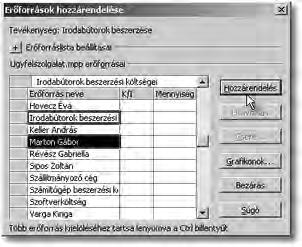 A hozzárendelést követően a tevékenységhez kapcsolva megjelennek a hozzárendelt erőforrások.