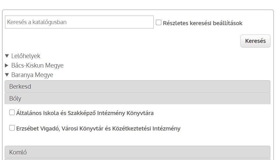 138. ábra: A Szikla rendszert használó könyvtárak közös katalógusa (Már az egyszerű keresés felületén is látszik, hogy választhatok, hogy a sok közül melyekben keressen egyszerre) - Formája szerint -