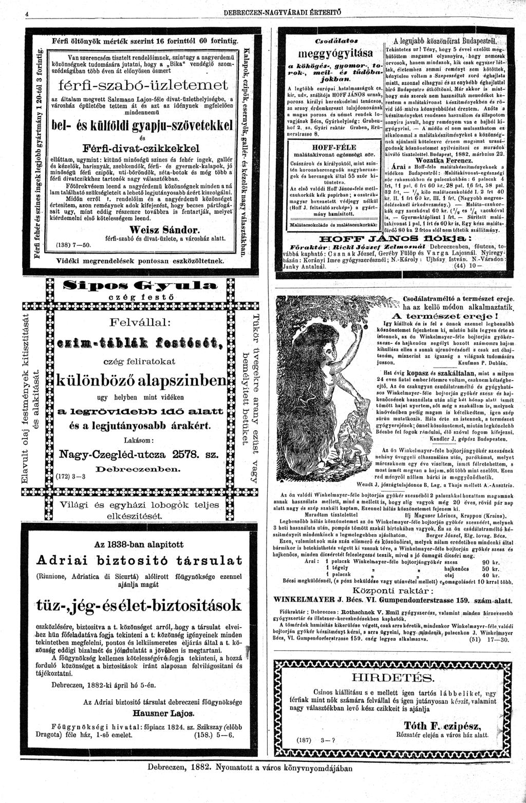 4 DEBRECZEN-NAGYViRADI ÉRTESÍTŐ SB Férfi öltöyök mérték szerit 16 forittól 60 foritig.