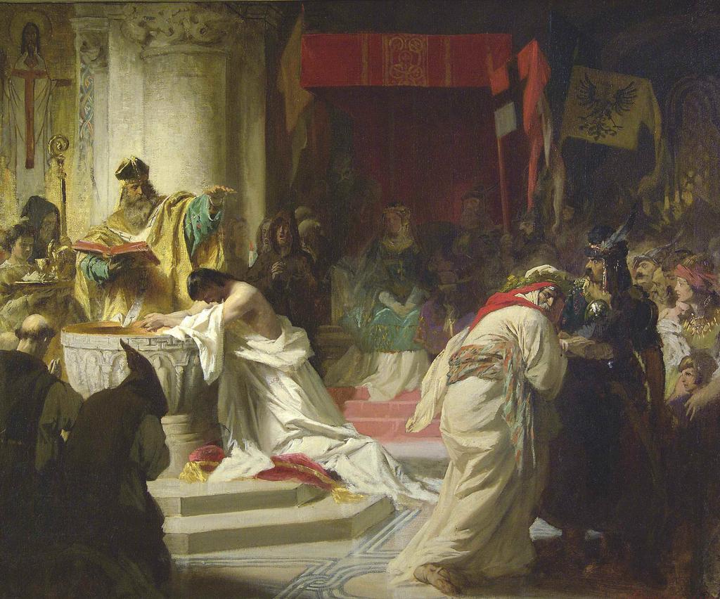 vajk megkeresztelése, 1870 Olaj, vászon, 89x114 cm Az 1870 körül kezdődő korszak történeti festészetében mérföldkövet jelentett az Eötvös József kultuszminiszter által 1869-ben kiírt állami történeti