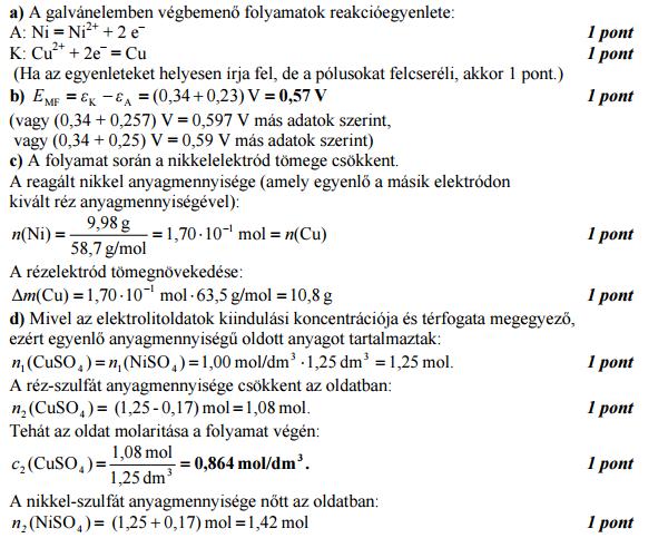 8. Réz- és nikkelelektródokból galvánelemet állítunk össze.