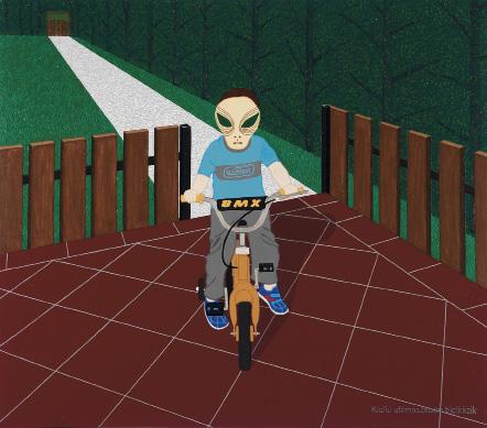riding his bicycle in an UFO mask