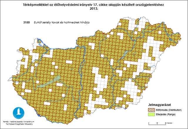 30. ábra. A természetes eutróf tavak Magnopotamion vagy Hydrocharition növényzettel élőhely hazai előfordulási térképe a HD 17. cikk országjelentése alapján (forrás: http://www.termeszetvedelem.