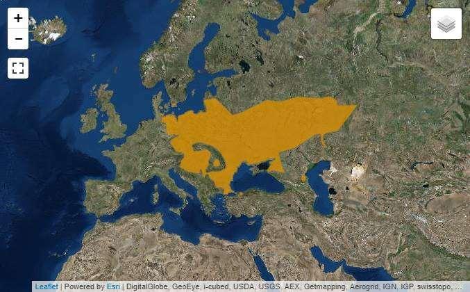 36. ábra - A vöröshasú unka (Bombina bombina) elterjedése [narancssárga = elterjedési terület (forrás: http://www.iucnredlist.