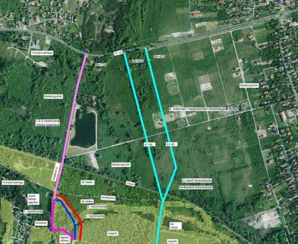 14. ábra A tervezés során vizsgált nyomvonalváltozatok A meglévő, a zagytértől nyugatra lévő, a kempinghez vezető út megerősítése, szélesítése, esetleges nyomvonalának módosítása logikus lehetőség.