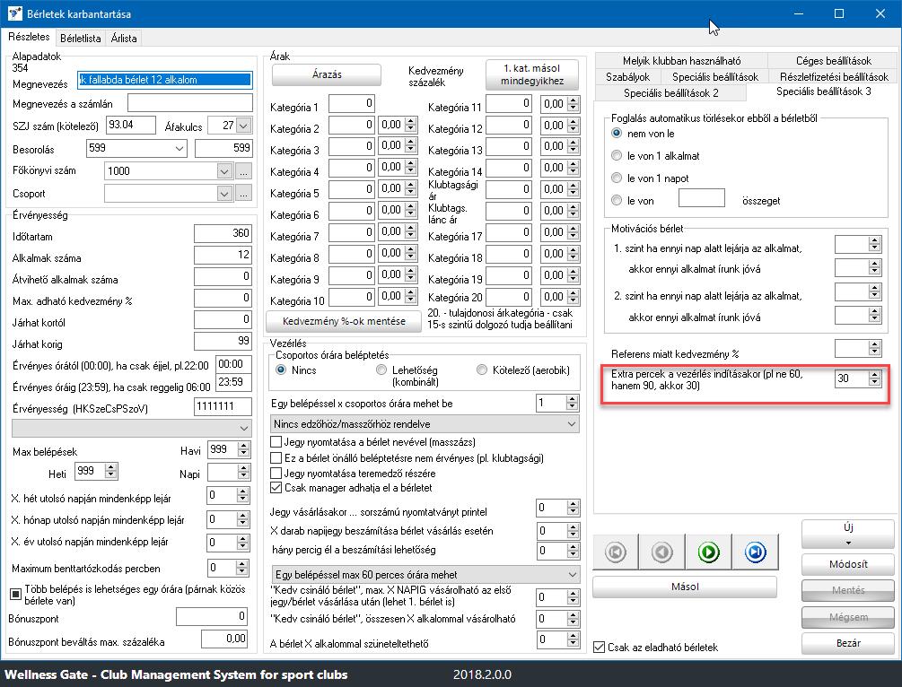 2018.02.24 + Vezérlést indító bérleteknél (pl. fallabda) beállítható, hogy a normál pl. 60 perchez képest mennyi extra percet adjon ajándékba) használható kiemelt bérlet típusoknál 2018.01.18.! Értékesítő Új tagok és adataik intervallum beállítás + Management jelszó mezőknél jelszavak kicsillagozása!