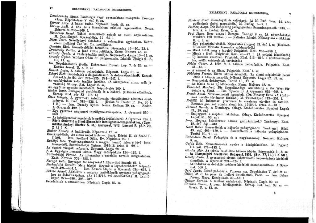 r- ",i IV HELLETImANT : p..edagogiai REPERTORIUM. Deschenszky János. Paidologia vagy gyermektanulmányozás. Pozsony várm. Népoktatása V. évf. 6. sz. D~rner Alice. A bánni tudás. Néptanit. Lapja 45. sz. D'trner Actél.