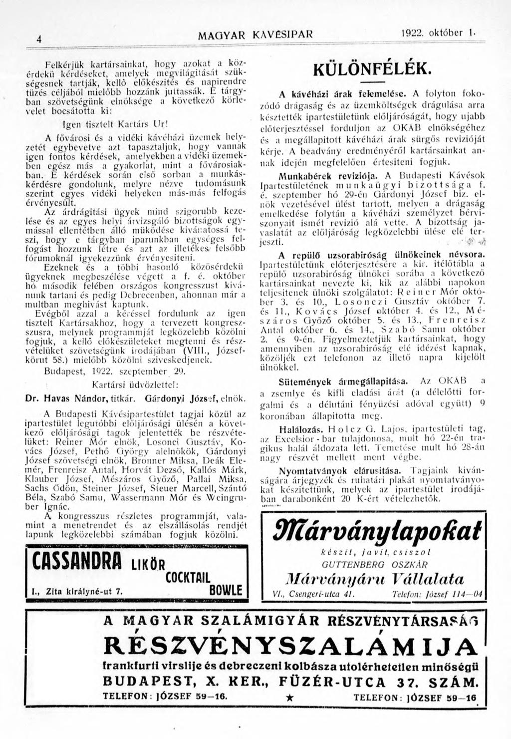 MAGYAR KAVESIPAR 1922.