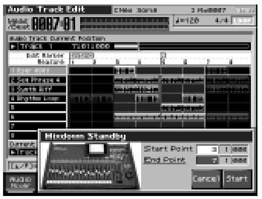 Audio sávok használata Mintaesemény törlése egy audio sávról (Delete) 1. A [CURSOR]-al válassza a mintaesemény, melyet törölni kíván az audio sávról. 2. Nyomja meg az [F7(Delete) ] gombot.