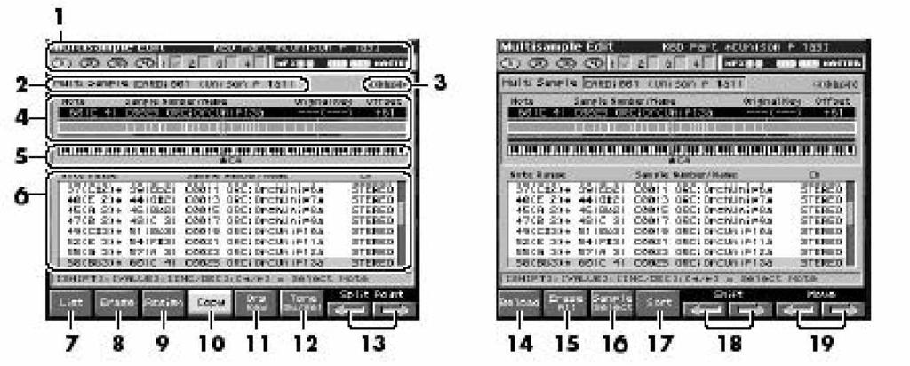 Multisample szerkesztési funkció A multisample szerkesztése A Multisample Edit képerny l Multisample Edit képerny 1 Ha a [SHIFT] gombot lenyomva tartja 1. Patch információk. 2. A multisample neve. 3.