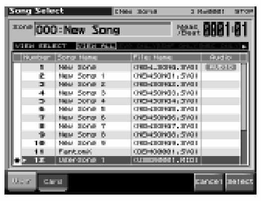 Egyéb változások Új funkció a Live Setting beállításaiban 5. Nyomja meg az [F5 (Set Song)] gombot. A Song Select képerny megjelenik. Használati útmutató; 42.o. Song file rögzítése a Live Setting - ben A patche-ken és performance-eken felül song file-okat is regisztrálhat egy live setting-hez.