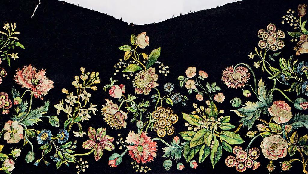 Nő/kert 65 Udvari viselethez tartozó kötény részlete, selyemfonállal hímzett virágokkal, Mary Delany tervei alapján, 1740 Mary Delanyról azt is tudjuk, hogy nemcsak papírból, hanem hímzés for -