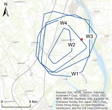 Fig. 11: Wintering grounds (blue polygons delineated as minimum convex polygon, MCP 95%) used by Kite 22 in four consecutive winters (W1, 2017/2018; W2, 2018/2019; W3, 2019/2020; W4, 2020/January