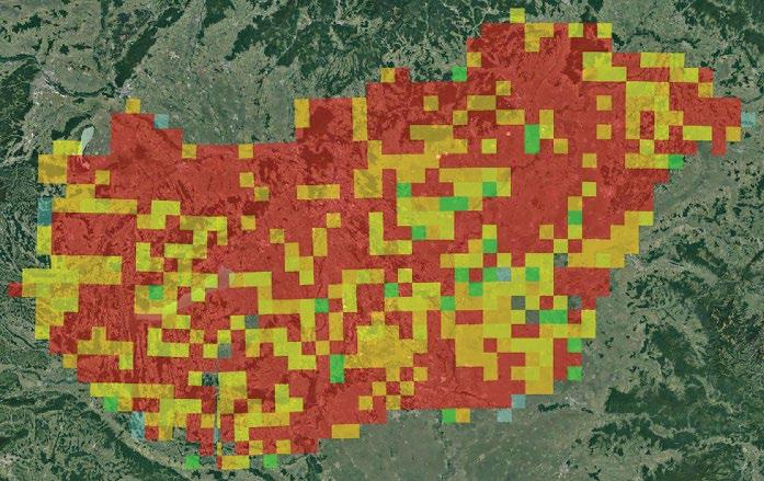 4. ábra: Az egerészölyv (Buteo buteo) fészkelési valószínűsége a magyarországi 10 10 km-es UTM-négyzetekben a 2014 2018 között gyűjtött MAP-adatok alapján.