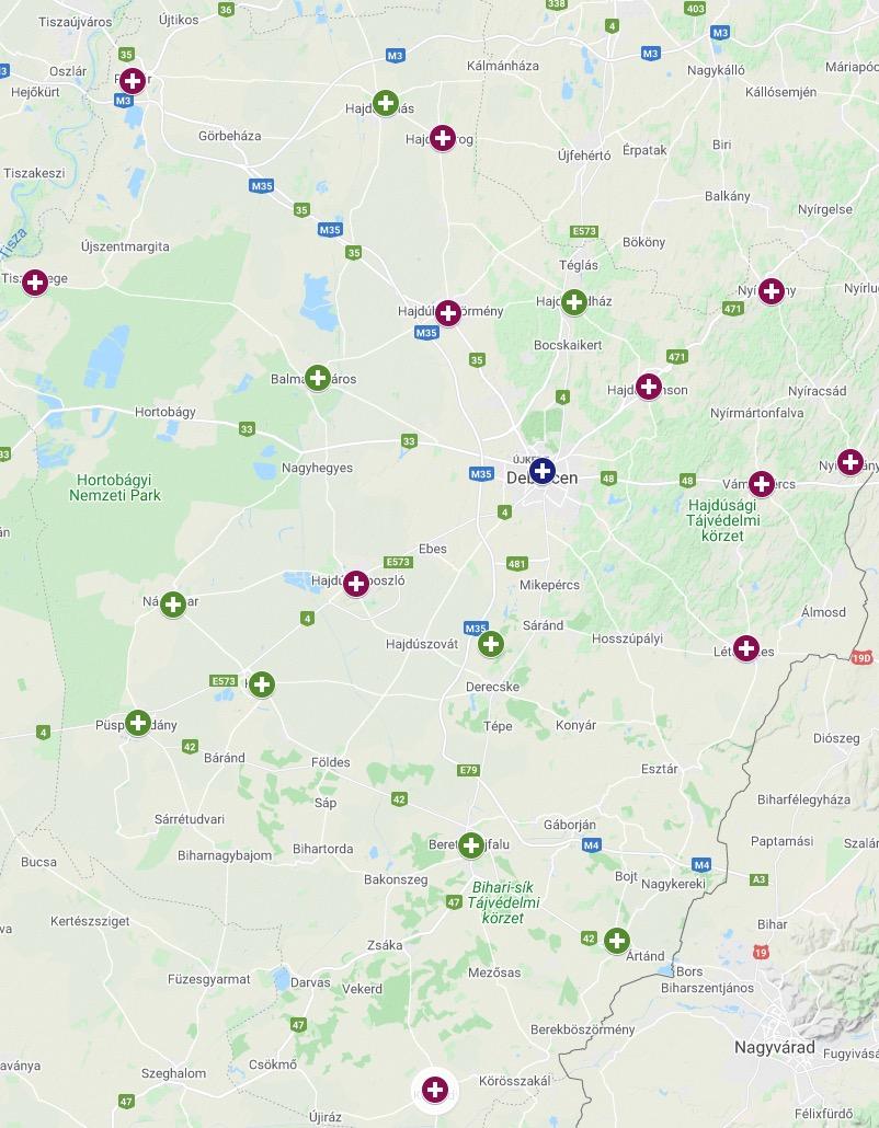 Hajdú-Bihar megye (orvosi ügyelet jelenleg) 21 telephely, 3 működtető Járás Település Működtető Debreceni Egyetem Alapellátási Debrecen Debrecen Igazgatóság Hajdúsámson Balmazújváros Balmazújváros