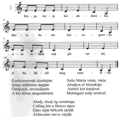 Helyeztetvén csak egy marék szalmán //: Ökör, szamár volt abban. :// //: Szeméből könny csordulván.