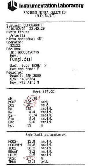 c. Jelzéskor a vért tartalmazó heparinos fecskendőbe kell helyezni a felszívó tűt, majd a következő jelzésre fecskendőt elvenni d. Azonosító megadása (pl.