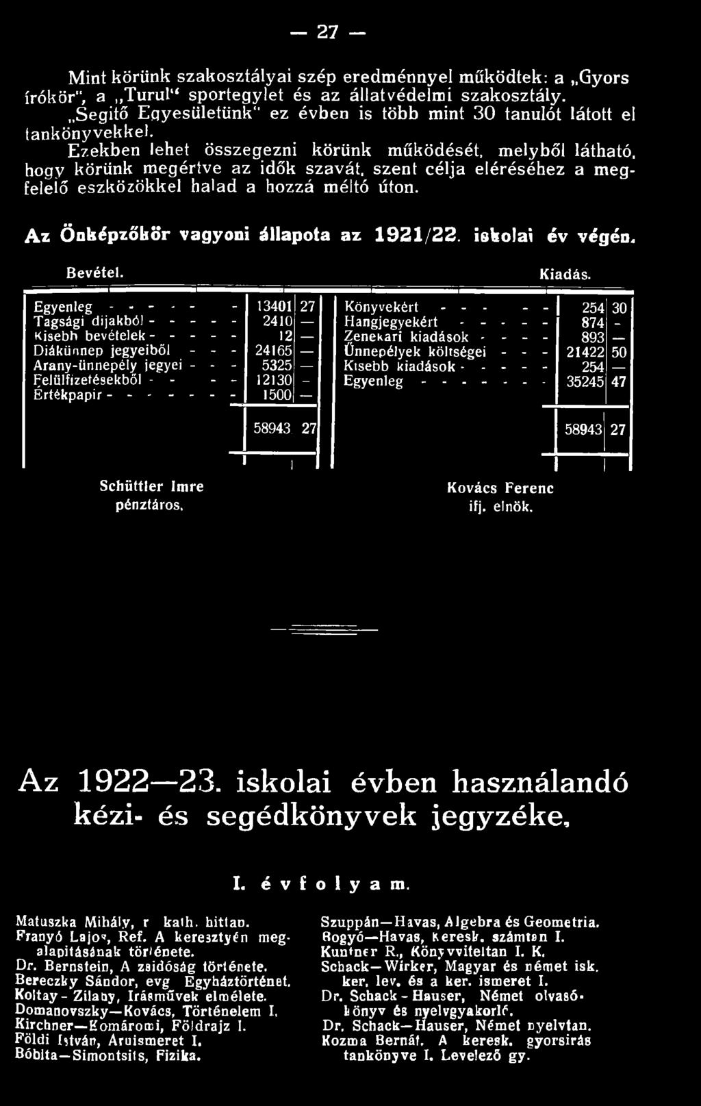 .. 13401 27 Könyvekért - - - - - 24 30 Tagsági dijakból - - - - - 2410 Hangjegyekért - - - - - 874 - Kisebb bevételek - - - - - 12 Zenekari kiadások - - - - 893 Diákünnep jegyeiből - - - 2416