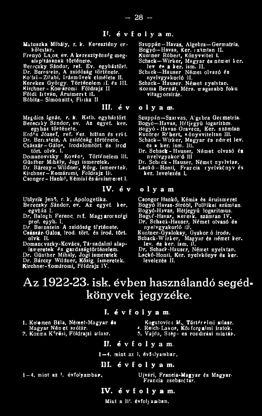 C songor- Hankó, Kémisi és áruisrreiet 1. IV. é v Uhlyrik Jenő, r. k. Apologetika. Bereczky Sándor, ev. Az egyet, kér, egvbáz I. Dr. Balogh Ferenc, rtf, M agyarországi prot. egyh. I. Dr. Bernstein A zsidóság története.