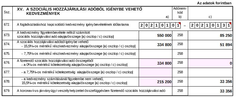 A 676c-ben nullától eltérő összeg nem szerepelhet. A 678c-ben feltüntetett kötelezettség a 2108A-02-01 lap 100. sorában kerül összesítésre.
