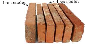 Szelet: Bontott, szeletelt, kisméretű tégla középső szelete Téglahasáb 6,5 x 25 cm 2-2,5 cm vastag 6,5 x 25 cm 1,5 cm vastag 6,5 x 25 cm 1 cm vastag 6,5 x 25 cm 2-2,5 cm