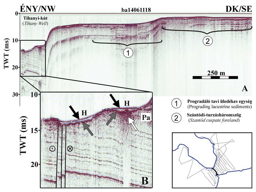 idősebb pannóniai (Pa) üledékek képét is láthatjuk. M = mederfenék-többszörös Figure 2 Seismic profile across the Tihany Strait (VE = 1:20).