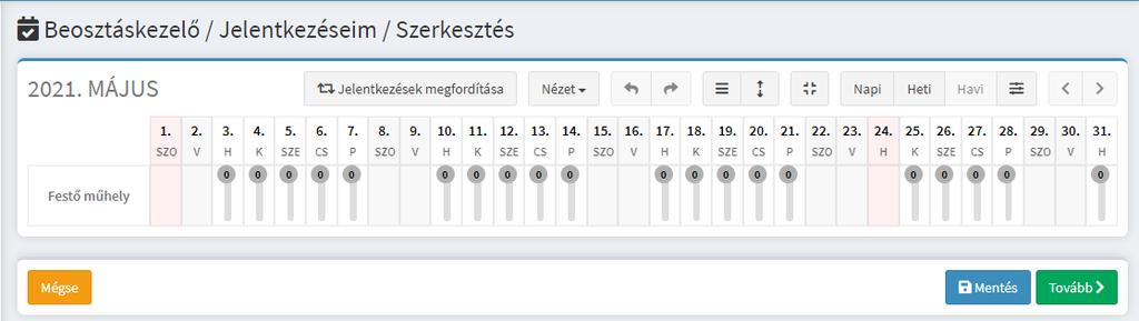 ábra A beosztásban azok a műszakok szerepelnek, amelyeket az operátor kitöltött a