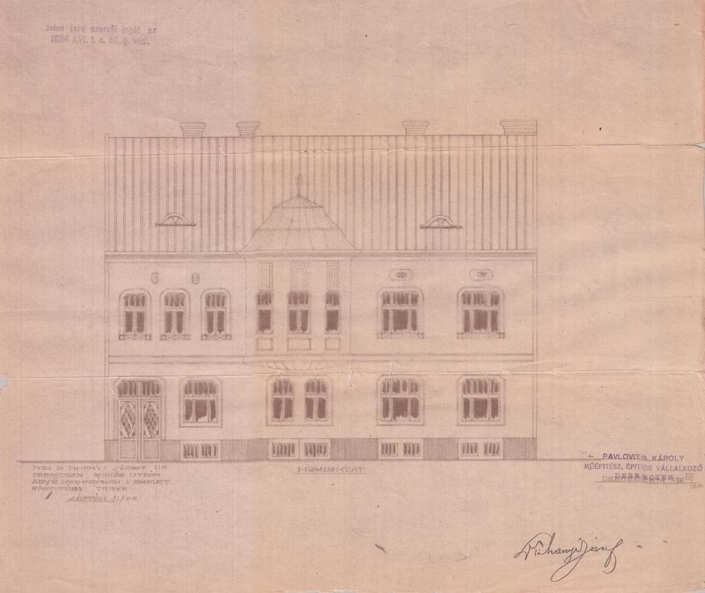 PAVLOVITS KÁROLY ÉPÍTŐMŰVÉSZ DEBRECENI MUNKÁI 32. kép A Tihanyi ház homlokzati terve 66 8. Ungár Jenő háza Debrecen, Piac utca 85/B. Vásáry István utca 4.