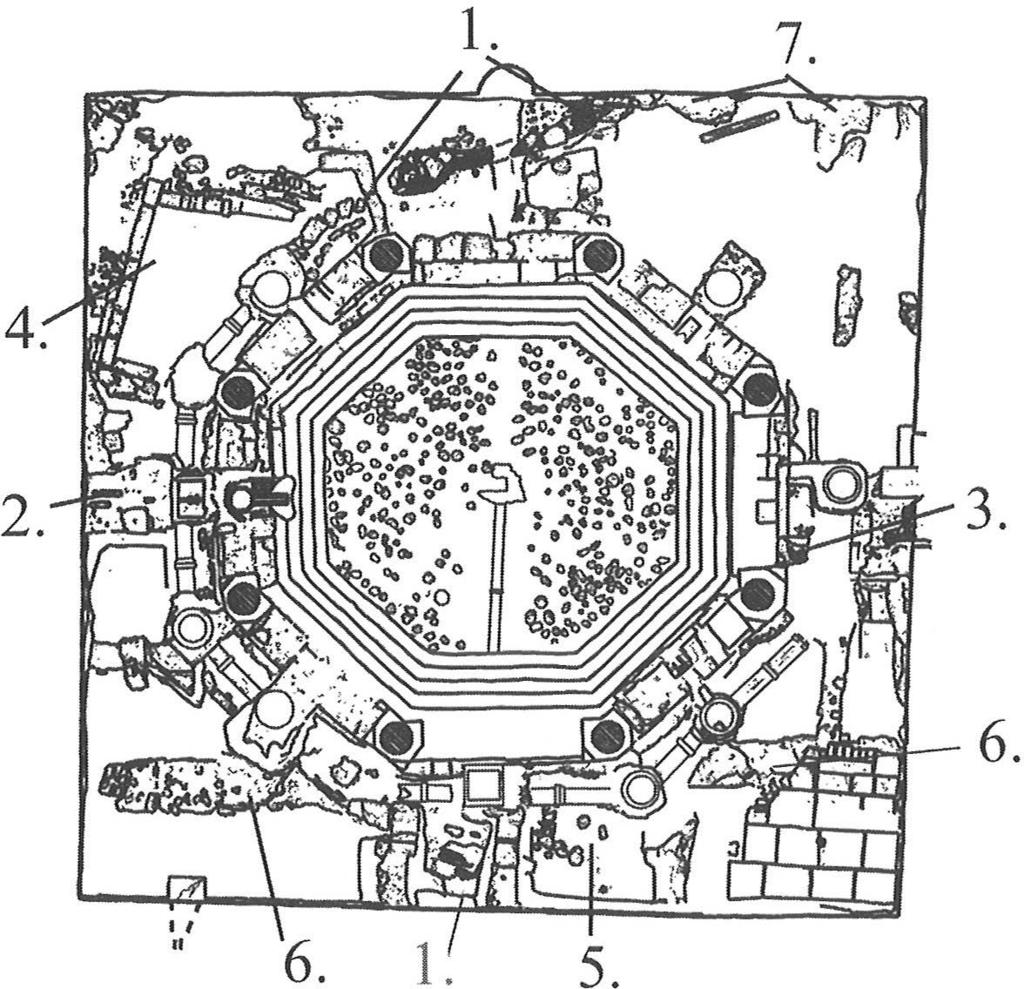 Ground plan with the numbers of the rooms (after Ákos Kaszab monument designer's survey sketch) török csatorna Turkish drain 2 nagymedence török betöltővezetéke Tu rkish intet pipe of the large basin