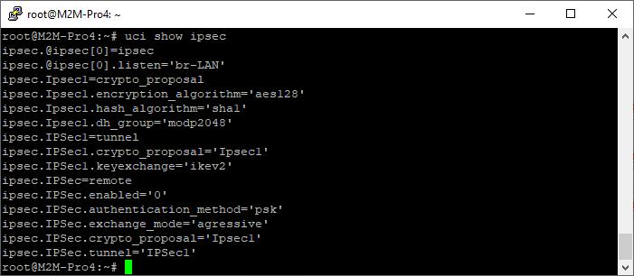 Az IPSEC a Linux-oldali Strongswan daemon segítségével is beállíthatók az UCI segítségével parancssorból SSH segítségével.