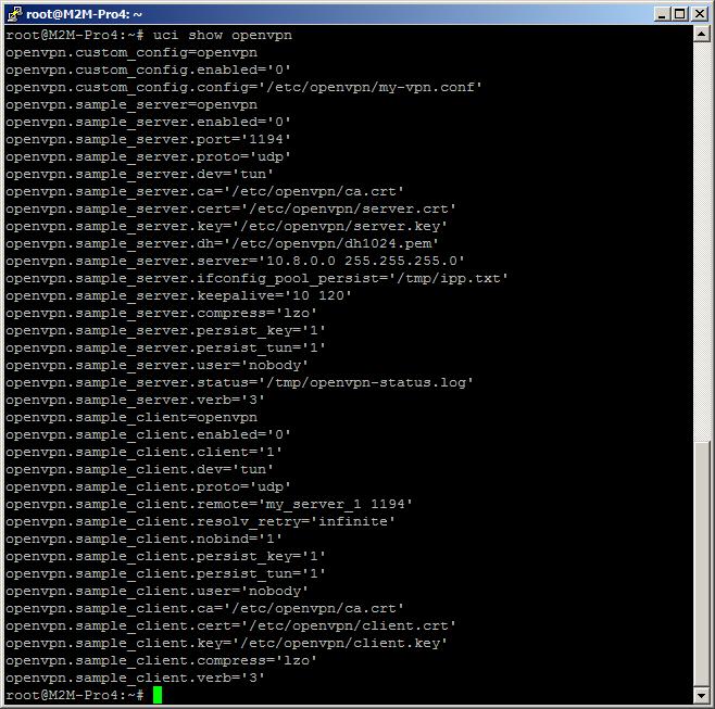 Erre megjelennek az érvényben lévő OpenVPN beállítások a parancssorban: Beállítás az alábbi szintakszis szerint, majd kommitelés: #uci set openvpn.sample_server.dev= tun #uci commit 6.