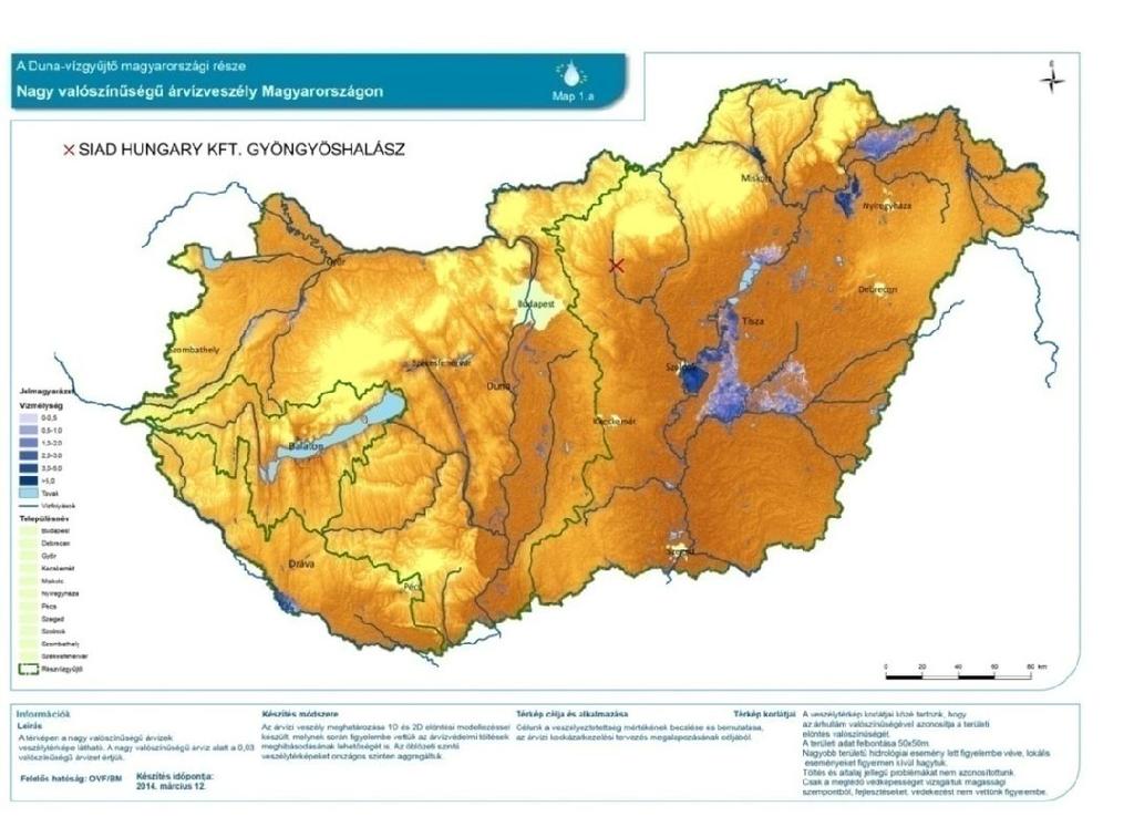 Magyarország árvíz kockázati térképe, nagy elöntési gyakoriságú területek (0,033/év)