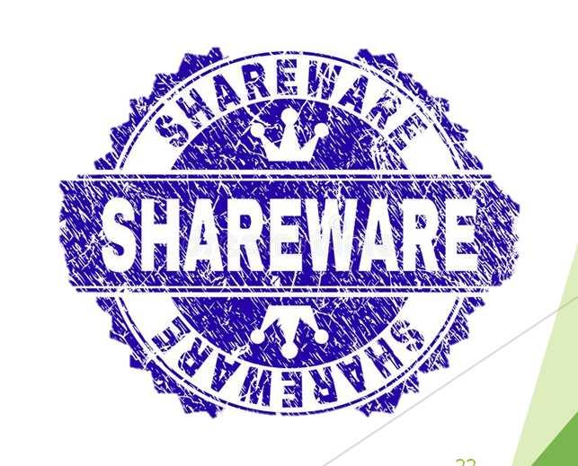 SHAREWARE szoftverek: Olyan szoftvertermék, melyet készítője demonstrációs céllal terjeszt, hogy a felhasználó a szoftvertermék megismerése után dönthet a teljes verzió megvásárlásáról.