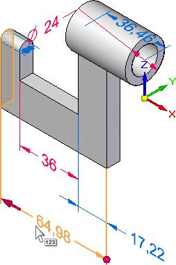 Bevezetés az alkatrész modellezésbe Módosítandó méret kiválasztása A következő néhány lépésben a modell egyik PMI méretét fogja szerkeszteni.