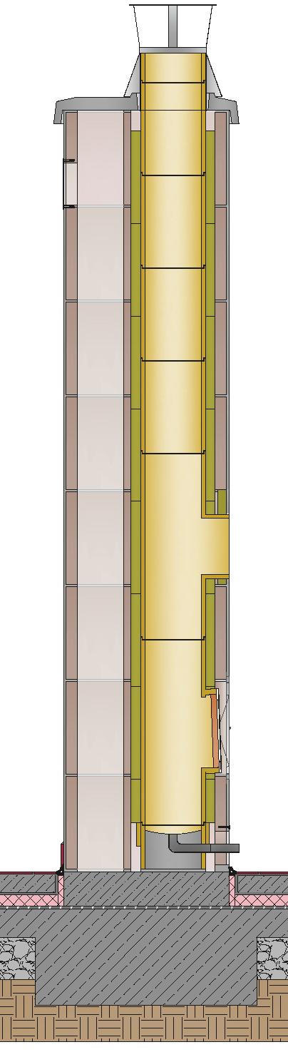 Egykürtős kémény szellőzőcsatornával Ékes Szigetelt Esővédő elem Torkolati kúp Beton fedlap Vakolat Szellőzőrács- felső Könnyűbeton köpenyelem Samott béléscső Kőzetgyapot távtartó ék Kőzetgyapot