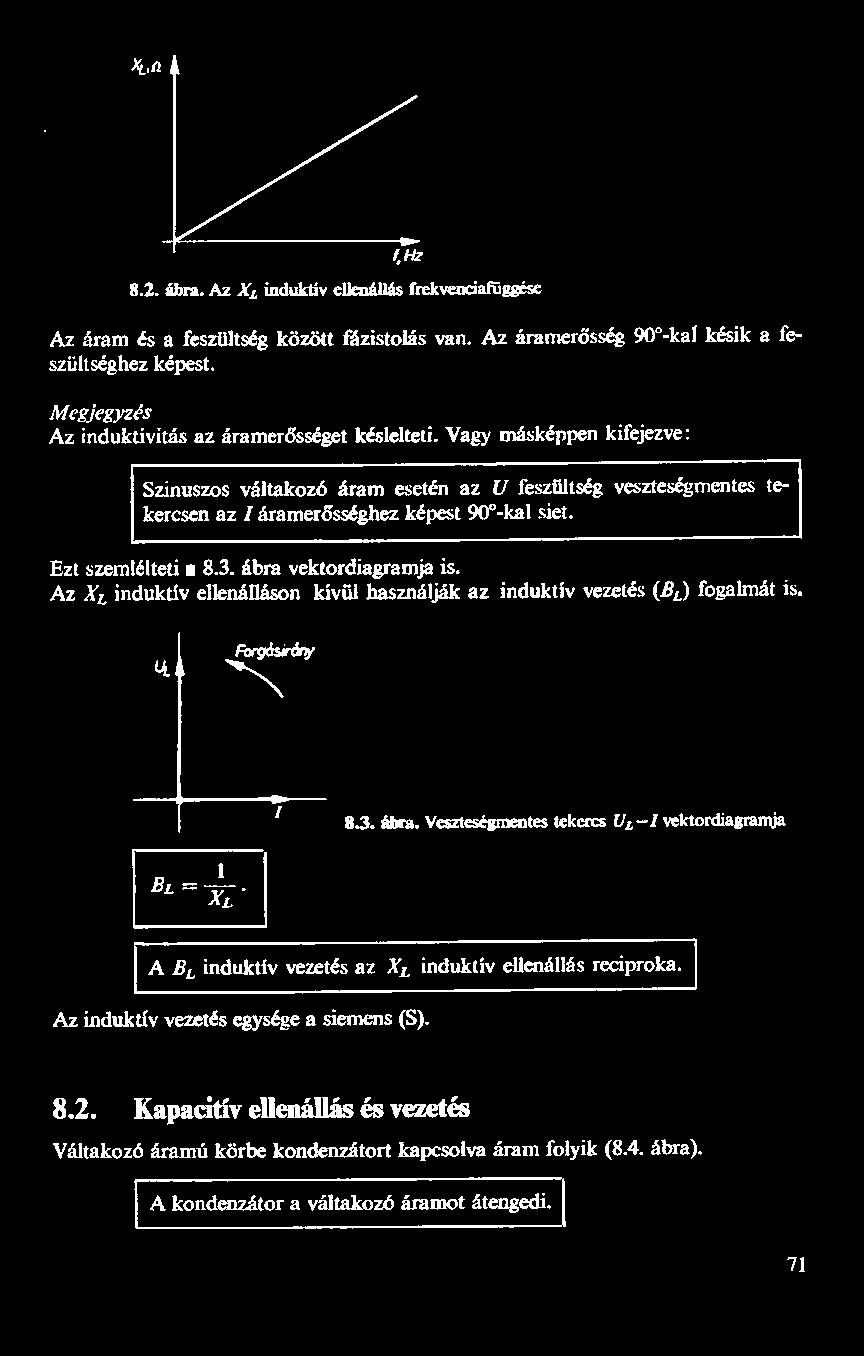 Ezt szemlélteti a 8.3. ábra vektordiagramja is. Az X, induktív ellenálláson kívül használják az induktív vezetés (Bp) fogalmát is. u Forgásírány 8.3. ábra. Veszteségmentes tekercs U, 1I vektordiagramja [A B, induktív vezetés az X; induktív ellenállás reciproka.
