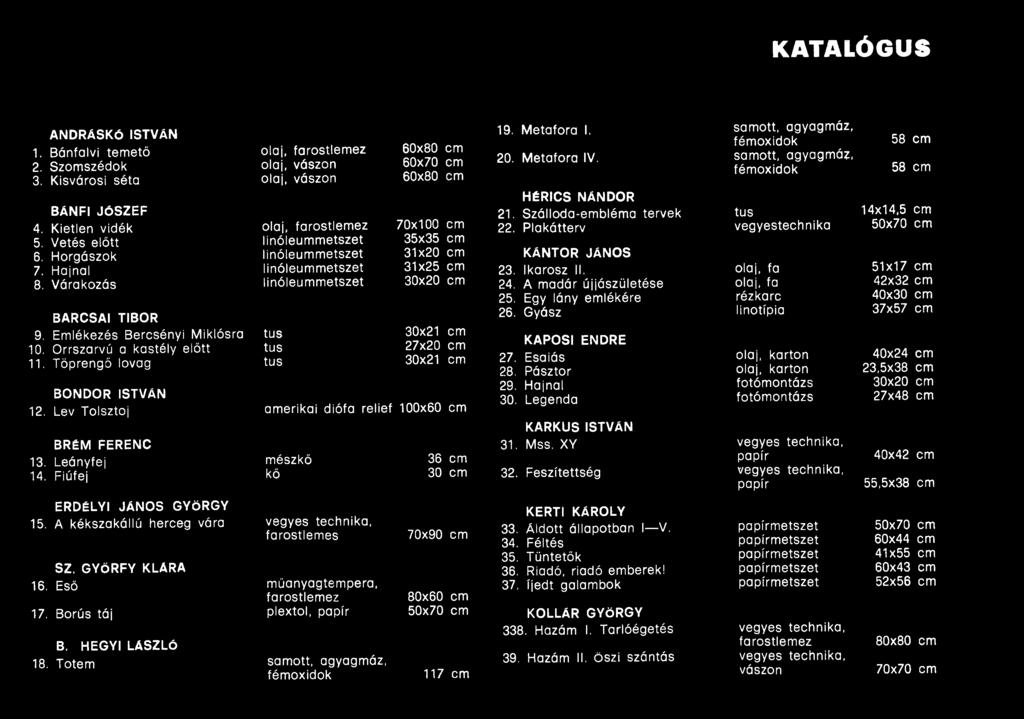 Plakátterv KÁNTOR JÁNOS 23. Ikarosz II. 24. A madár újjászületése 25. Egy lány emlékére 26. Gyász KAPOSI ENDRE 27. Esaiás 28. Pásztor 29. Hajnal 30. Legenda KARKUS ISTVÁN 31. Mss. XY 32.