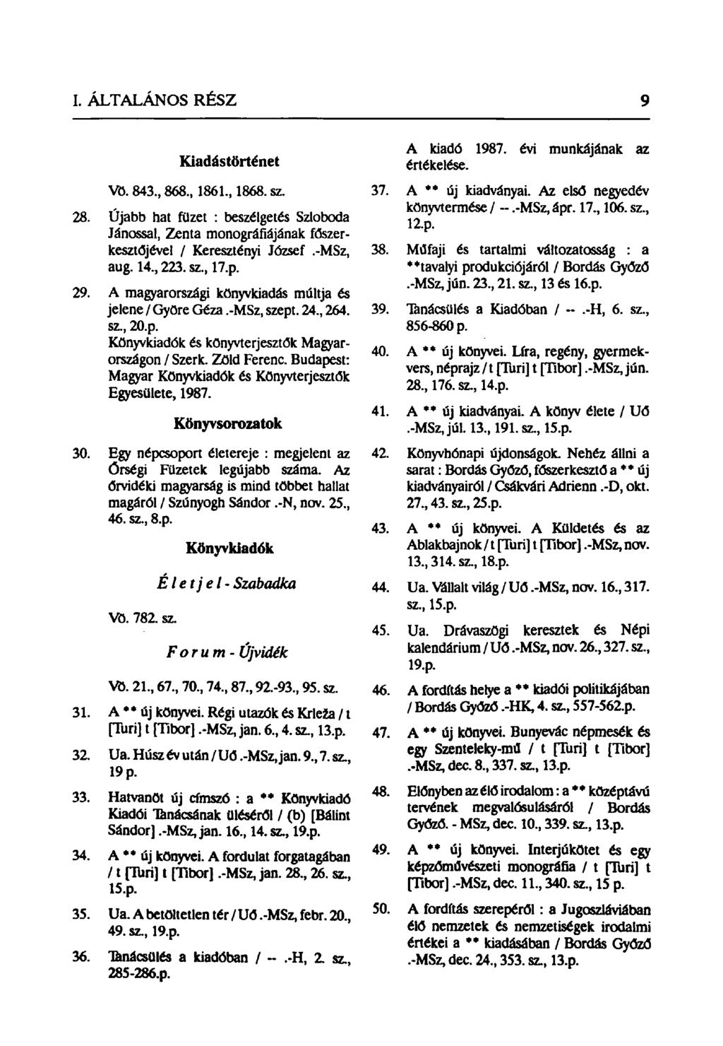 Kiadástörténet Vö. 843., 868, 1861, 1868. sz. 28. Újabb hat füzet : beszélgetés Szloboda Jánossal, Zenta monográfiájának főszerkesztőjével / Keresztényi József.-MSz, aug. 14, 223. sz, 17.p. 29.