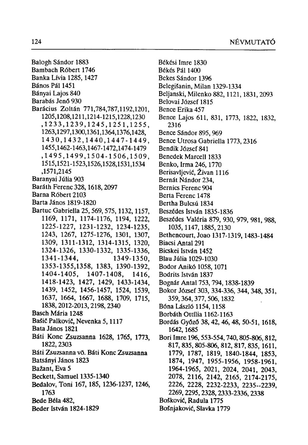 Balogh Sándor 1883 Bambach Róbert 1746 Banka Lívia 1285,1427 Bános Pál 1451 Bányai Lajos 840 Barabás Jenő 930 Barácius Zoltán 771,784,787,1192,1201,