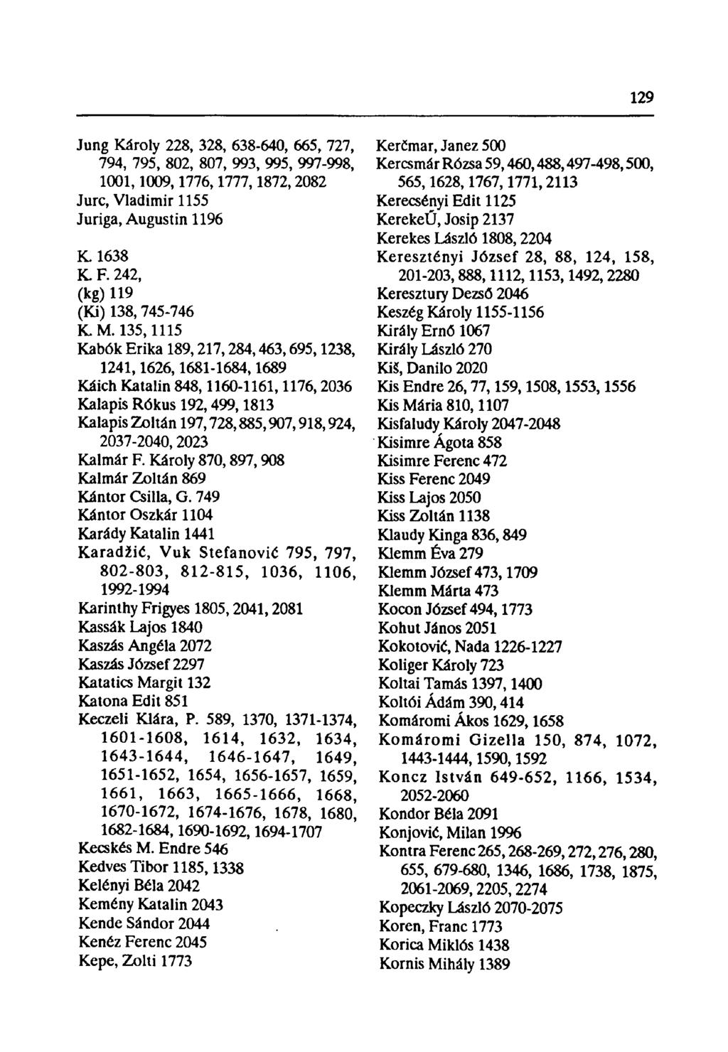 Jung Károly 228, 328, 638-640, 665, 727, 794, 795, 802, 807, 993, 995, 997-998, 1001,1009,1776,1777,1872,2082 Jure, Vladimir 1155 Juriga, Augustin 1196 КЛ638 K, F. 242, (kg) 119 (Ki) 138, 745-746 K.M.