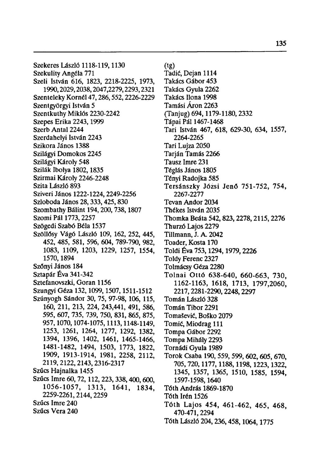 Szekeres László 1118-119,1130 Szekulity Angéla 771 Szeli István 616, 1823, 2218-2225, 1973, 1990,2029,2038,2047,2279,2293,2321 Szenteleky Kornél 47,286,552,2226-2229 Szentgyörgyi István 5 Szentkuthy