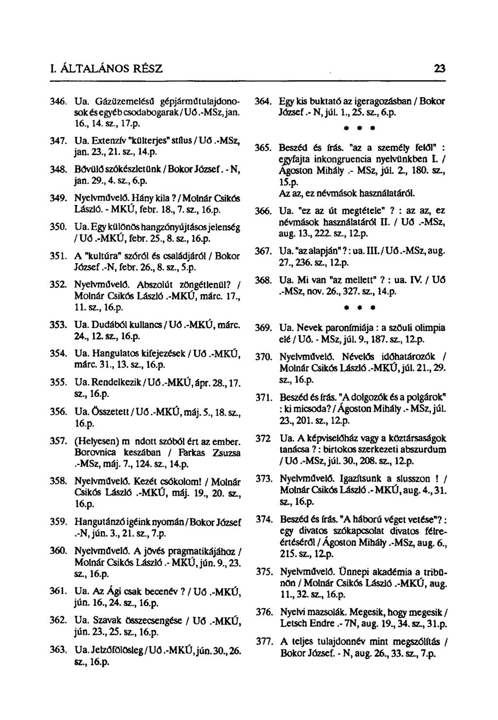 346. Ua. Gázüzemelésű gépjármútulajdonosok és egyéb csodabogarak/uű.-msz, jan. 16, 14. sz, 17.p. 347. Ua. Extenzív "külterjes" stílus / Uó.-MSz, jan. 23, 21. sz, 14.p. 348.