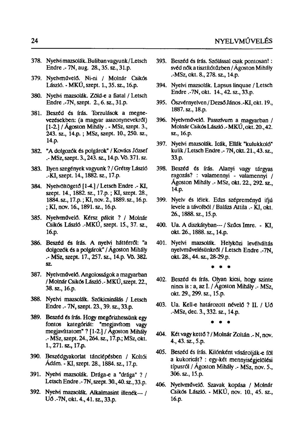 24 NYELVMŰVELÉS 378. Nyelvimazsolák.Bulibanvagyunk/Letsch Endre.-7N, aug. 28, 35. sz, 31,p. 379. Nyelvművelő. Ni-ni / Molnár Csikós László. - MKÚ, szept. 1, 35. sz, 16.p. 380. Nyelvi mazsolák.