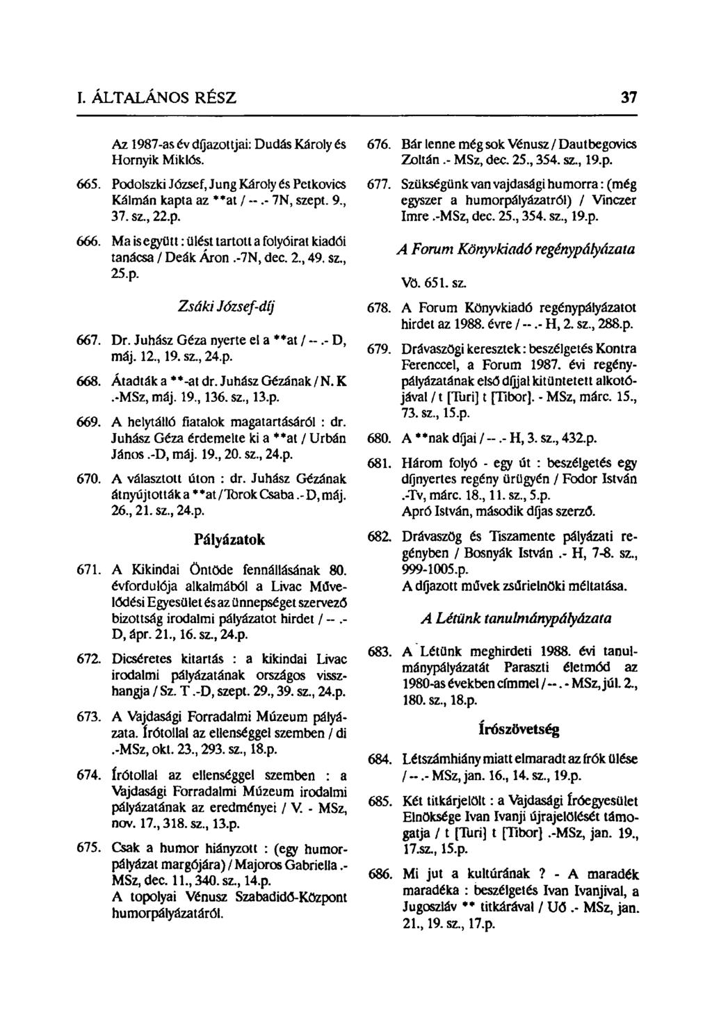 Az 1987-as év díjazottjai: Dudás Károly és Hornyik Miklós. 665. Podolszki József, Jung Károly és Petkovics Kálmán kapta az **at / --.- 7N, szept. 9, 37. sz, 22.p. 666.