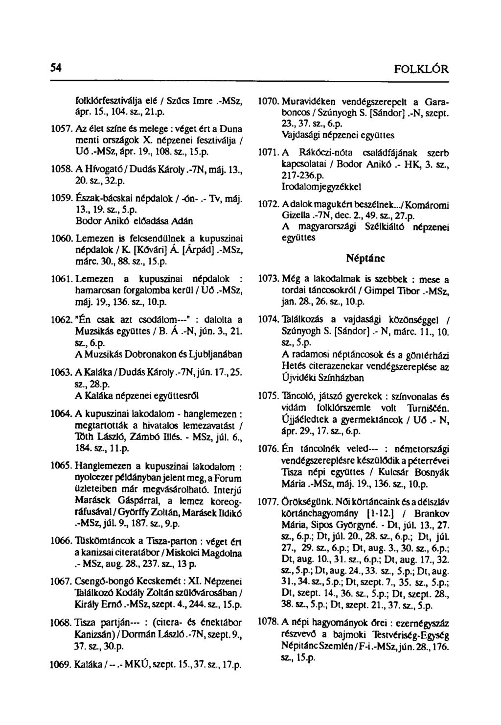 folklórfesztiválja elé / Szűcs Imre.-MSz, ápr. 15, 104.sz,21.p. 1057. Az élet színe és melege: véget ért a Duna menti országok X. népzenei fesztiválja / Uő.-MSz, ápr. 19, 108. sz, 15.p. 1058.