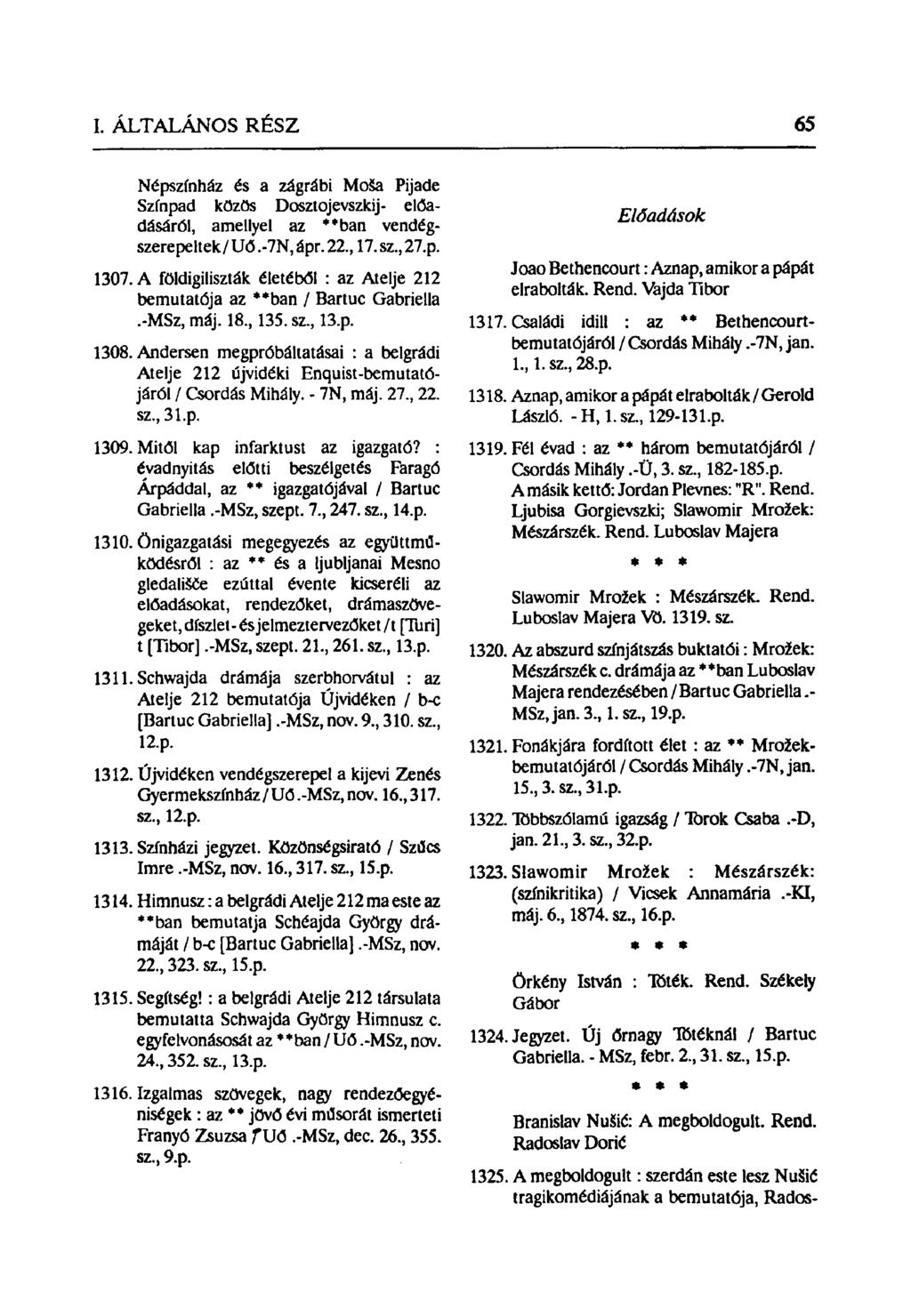 Népszínház és a zágrábi Mosa Pijade Színpad közös Dosztojevszkij- előadásáról, amellyel az **ban vendégszerepeltek/ Uő.-7N, ápr. 22,17. sz, 27.p. 1307.